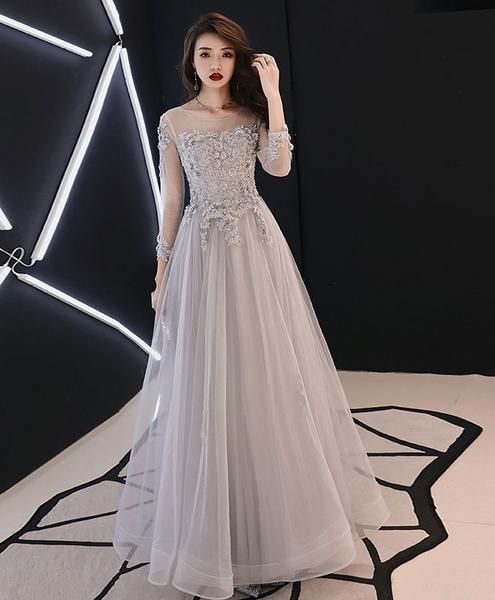 Gray tulle lace long prom dress gray tulle lace evening dress cg4345