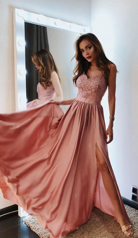 2020 Pink v neck chiffon lace long prom dress, pink evening dress cg4347