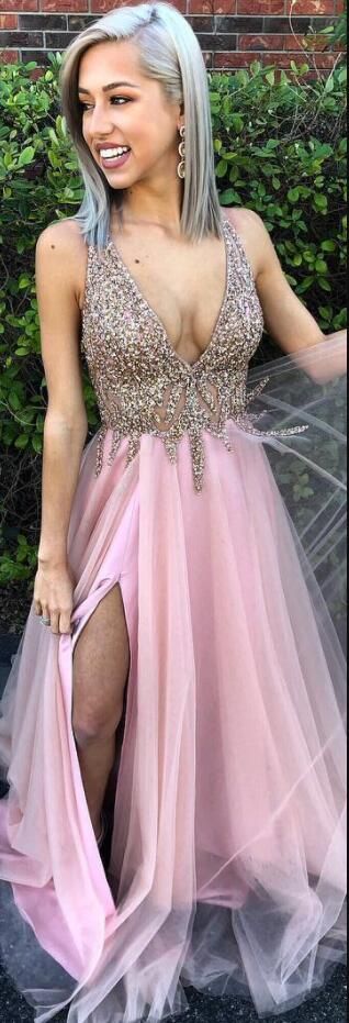 Luxurious Deep V Neck Beaded Pink Long Formal prom Dress with Side Slit cg4374