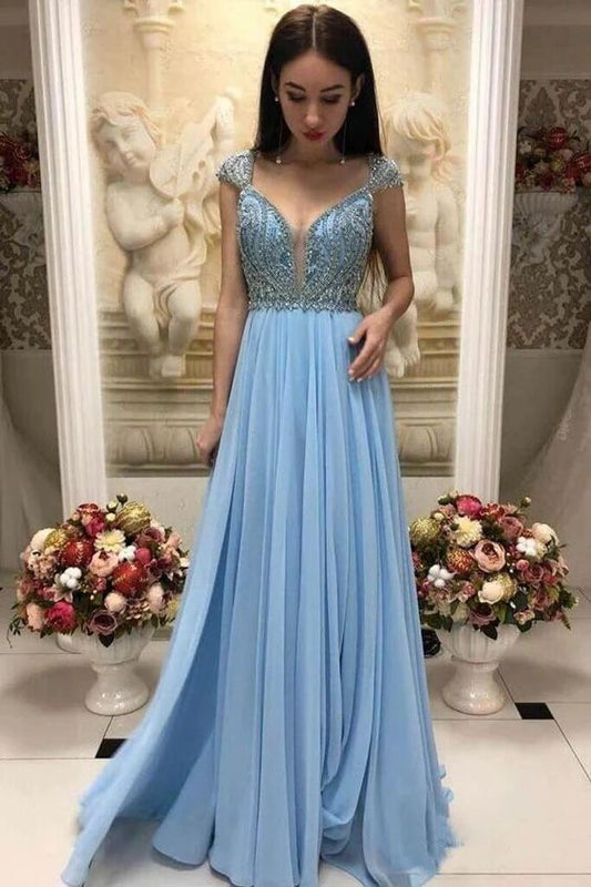 Elegant A-Line Beaded Sky Blue Prom Dresses With Cap Sleeves cg4386