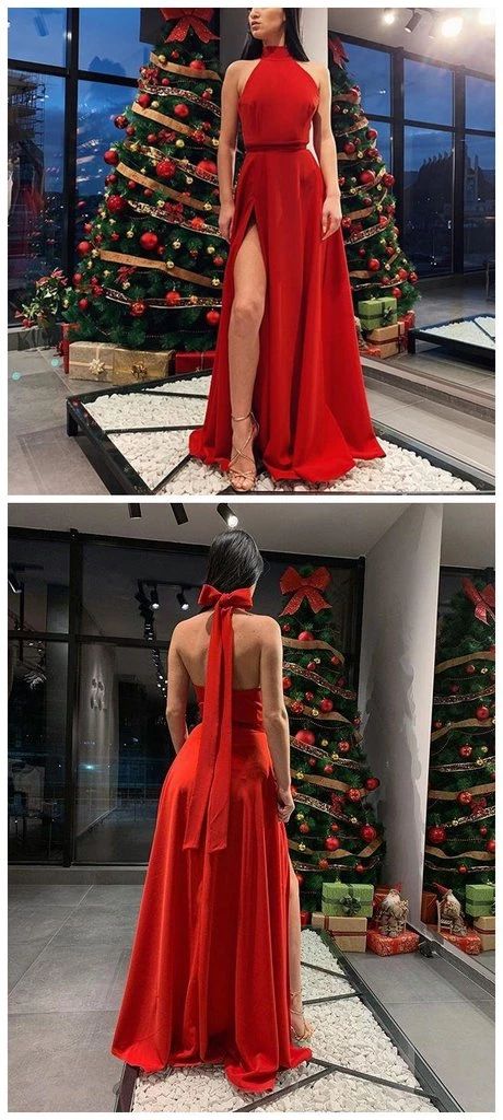 Red Halter A-Line Backless Sexy Slit Sleeveless Jersey Prom Dresses cg4397