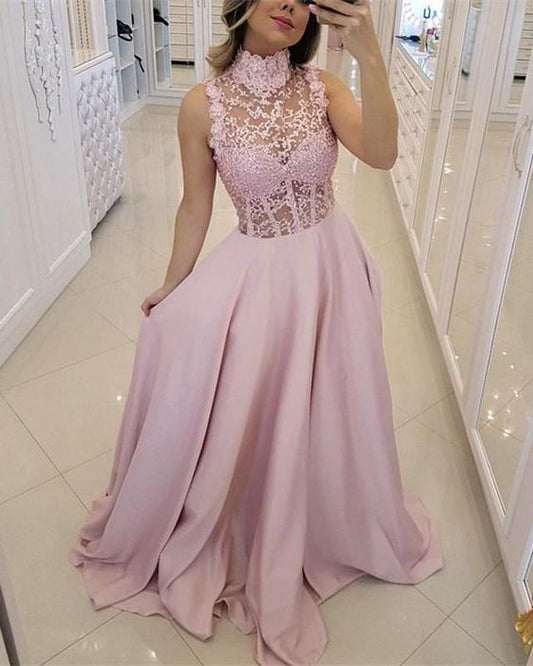 elegant pink prom dresses high neck satin gown  cg4426