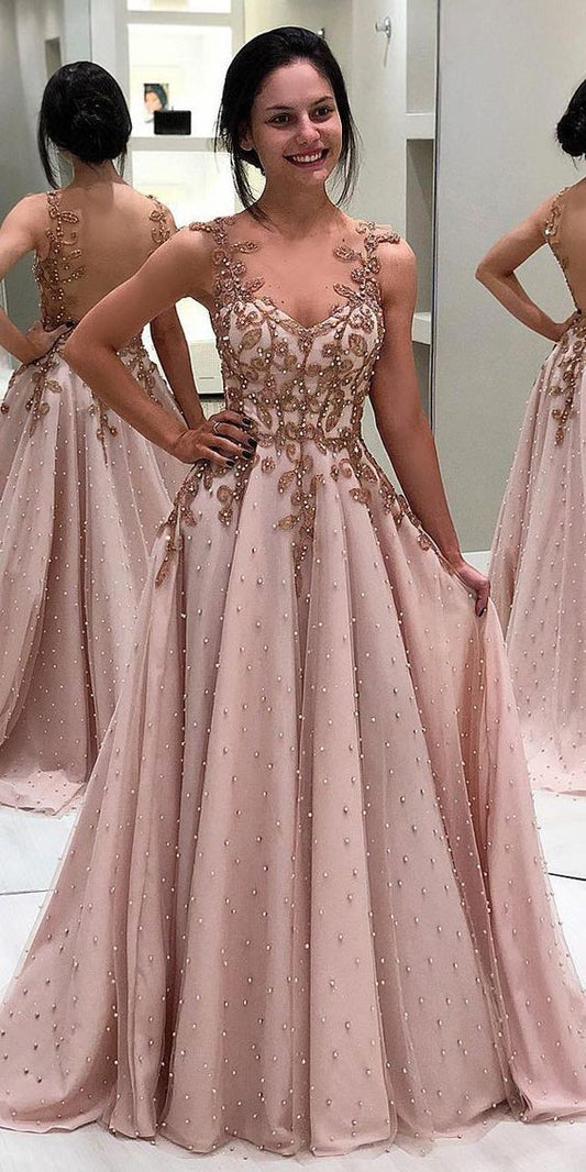 Blush Pink Tulle Appliques Beaded Long Prom Dress cg4483