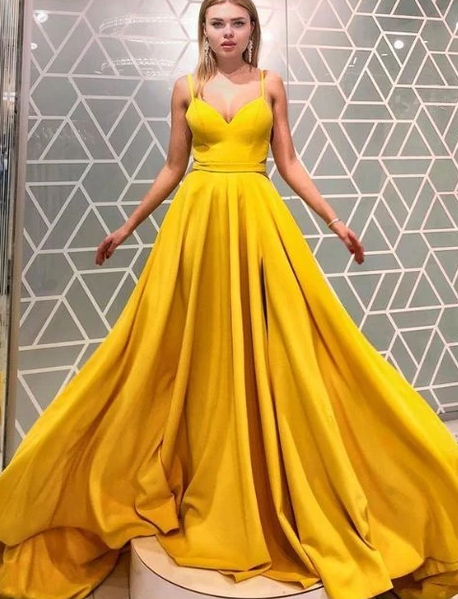 Yellow Prom Dress,A-Line Prom Gown,Satin Prom Dress,Spaghetti Straps Prom Gown cg4889