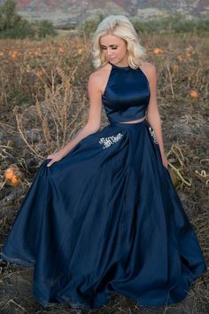 Elegant A Line Satin Dark Navy Two Pieces Long Prom Dresses With Pockets  cg7158