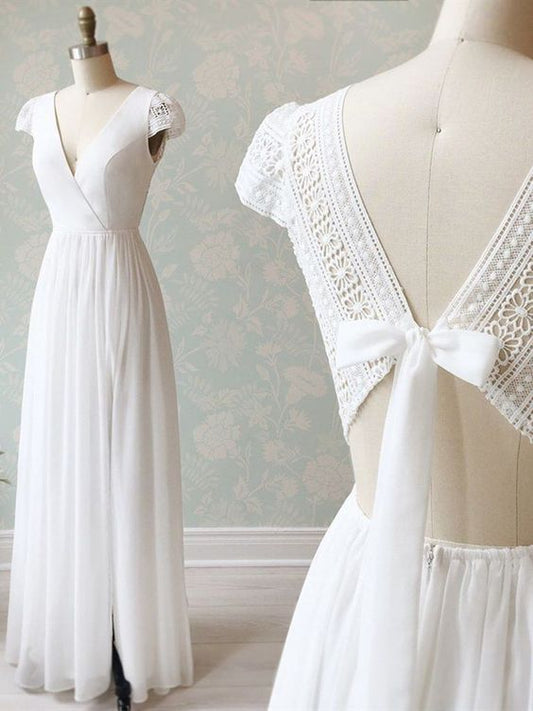 V Neck Cap Sleeves White Long Lace Prom Dresses, Cap Sleeves White Lace Wedding Formal Evening Dresses  cg7225