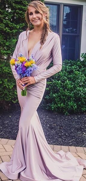 Lilac Long Sleeve V-neck Mermaid Bridesmaid prom Dresses  cg7389