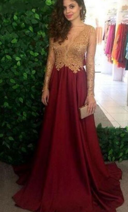 Burgundy Sheer Long Sleeves Prom Dresses Long Sleeves Lace Appliques Top Long Evening Gowns  cg7393
