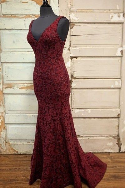 Mermaid Burgundy Lace Long Formal prom Gown  cg7402