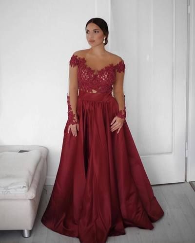 Satin Burgundy Long Prom Dress with Seer Long Sleeves   cg7403