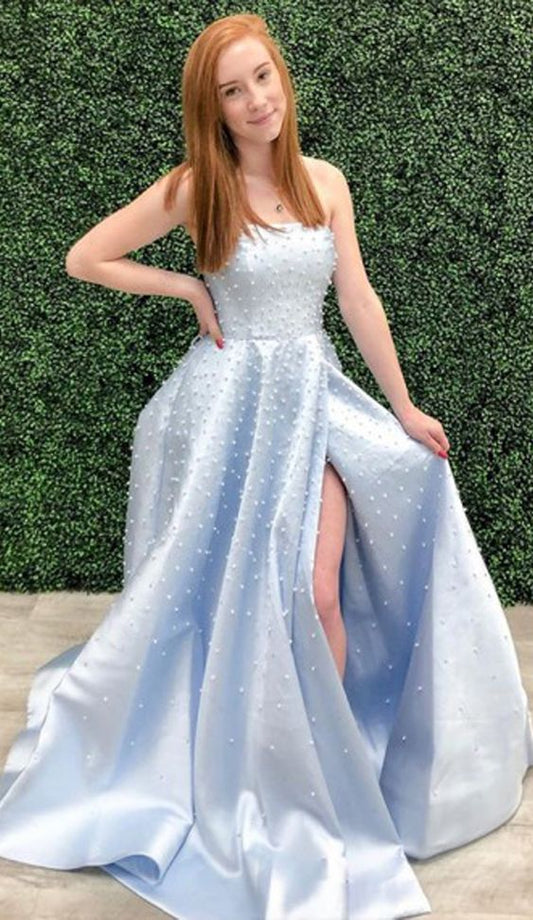 A Line Strapless Light Sky Blue Prom/Formal Dress With Pearls  cg7428