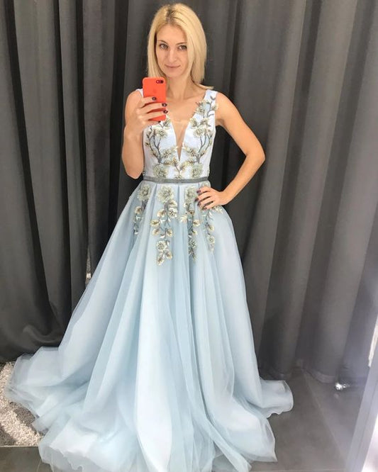 Baby Blue Tulle V Neck Long Sweet Prom Dress Appliques Evening Dress  cg7429