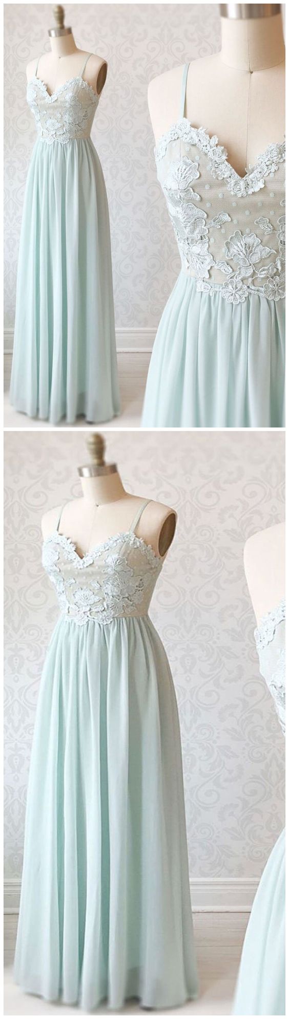 Light Mint Chiffon Simple Spaghetti Straps Prom Dress, Bridesmaid Dress With Applique  cg7432