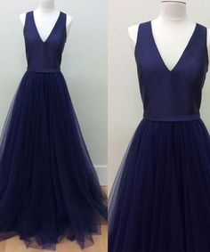 Simple V neckline navy blue tulle long sweet 16 prom dress  cg7433