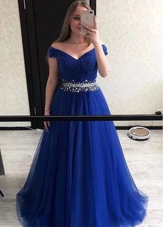 Tulle Off-the-shoulder Rhinestones Royal Blue A-line Prom Dress  cg7435
