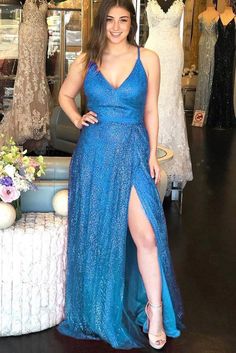 Sparkly Sleeveless Floor Length Blue Prom Dress with Split   cg7441