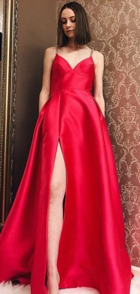A-Line V-Neck Spaghetti Straps Side Slit Red Long Prom Dresses  cg7442