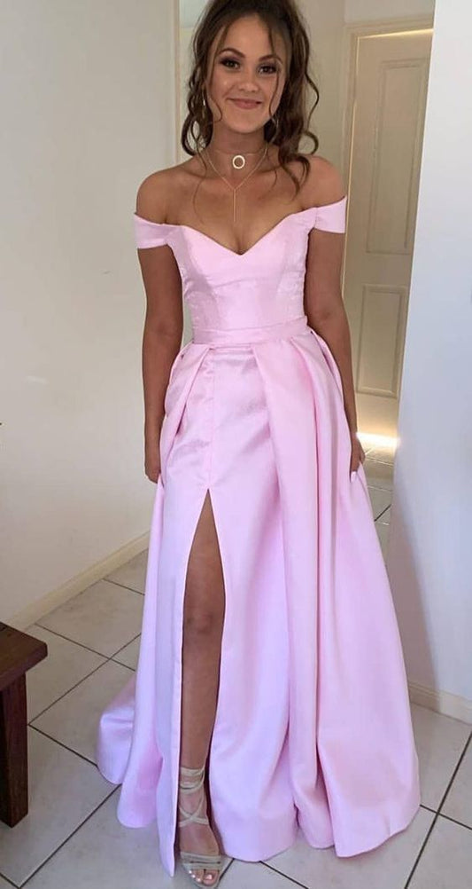 Simple Pink Long Prom Dresses Off Shoulder Evening Dress With Split  cg7443