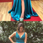 A-Line Spaghetti Straps Long Turquoise Prom Dress with Split  cg7445