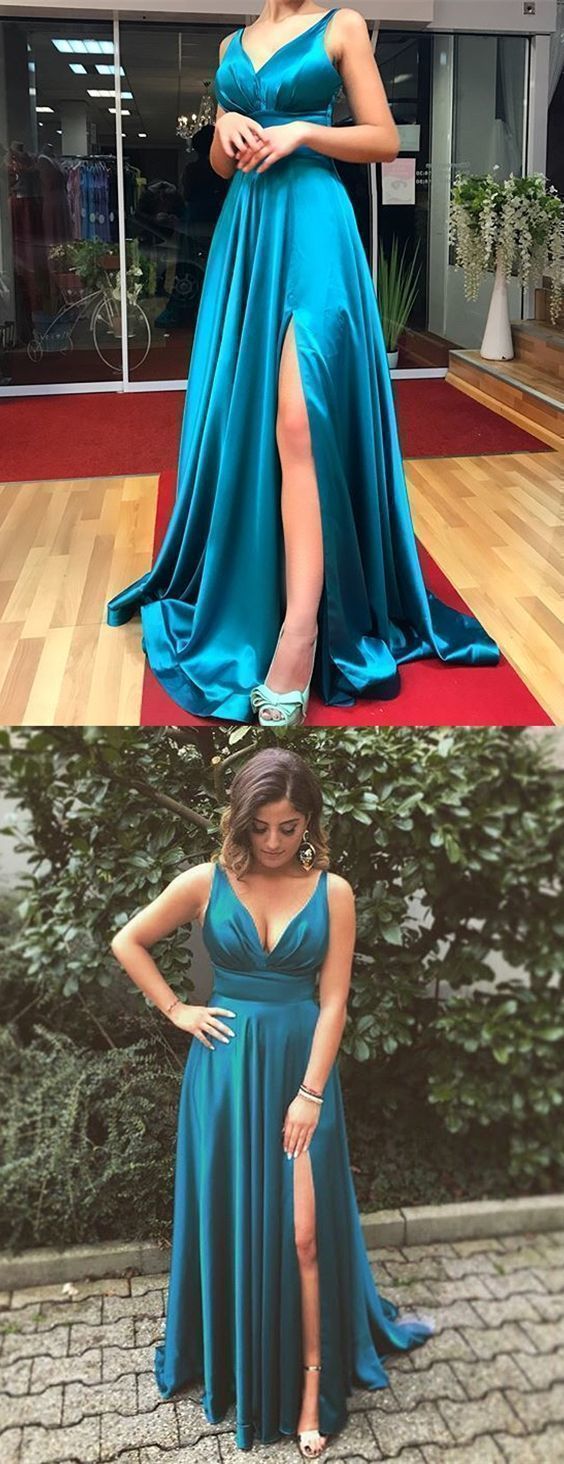 A-Line Spaghetti Straps Long Turquoise Prom Dress with Split  cg7445