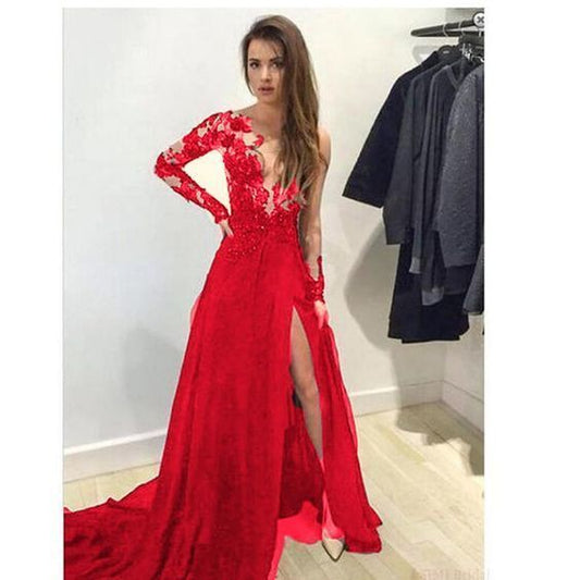 Long Sleeves See through Red Lace Evening Dresses Sexy Slit Formal Prom Gown  cg7451