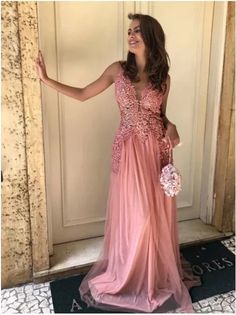 A-line V-Neck Peach Lace Tulle Sleeveless Long Prom Dresses  cg7452