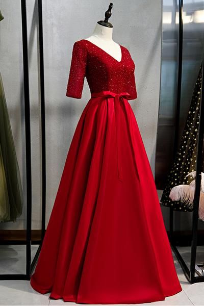 Burgundy Satin Sequins Long V Neck Customize Prom Dress, Formal Dress  cg7458
