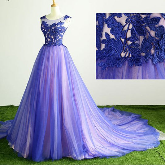 Blue Tulle Round Neck Lace Top Long Evening Dress, Unique Prom Dresses  cg7464