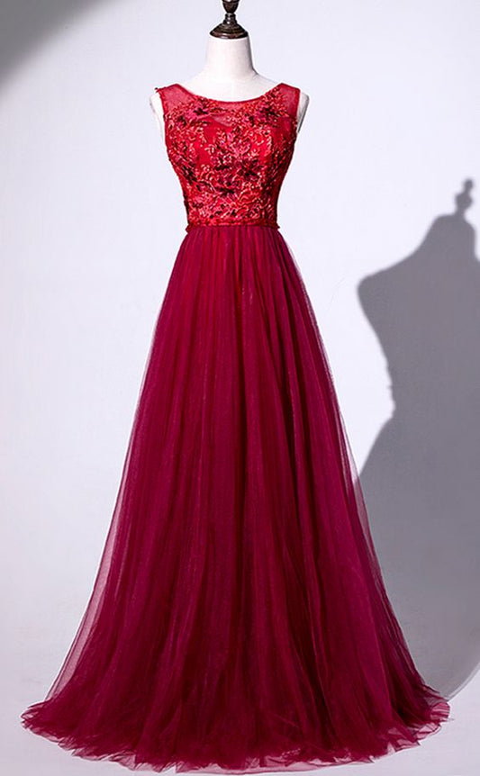 Unique Burgundy Tulle Lace Open Back Long Prom Dress  cg7468