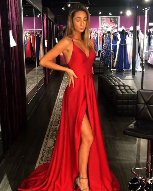 Cheap Long Prom Dresses Red, A-line V-neck Formal Evening Dresses with Slit  cg7470