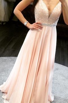 Straps pink long prom dress, sparkly v neck chiffon long prom dress party dress  cg7471