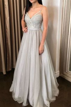 elegant silver long prom dress 2020 with spaghetti straps  cg7488