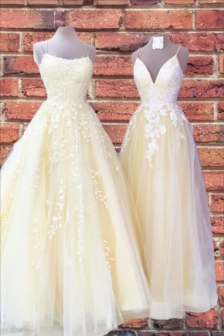 yellow prom dresses 2020 floor ength with lace appliques and spaghetti straps  cg7489