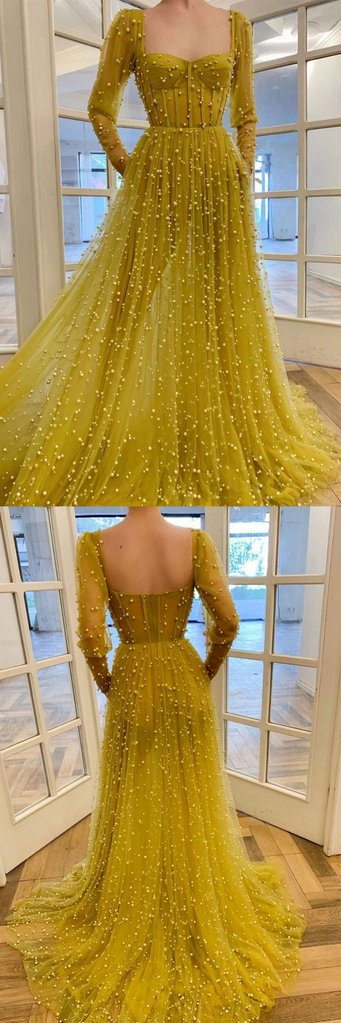 YELLOW TULLE BEADS LONG PROM DRESS TULLE LONG FORMAL DRESS  cg9326