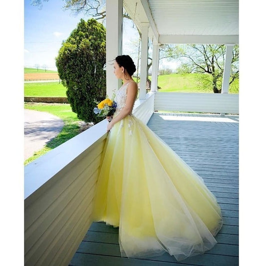 Yellow Prom Dress,Tulle Prom Gown,V-Neck Evening Dress,Appliques Prom Gown  cg9332